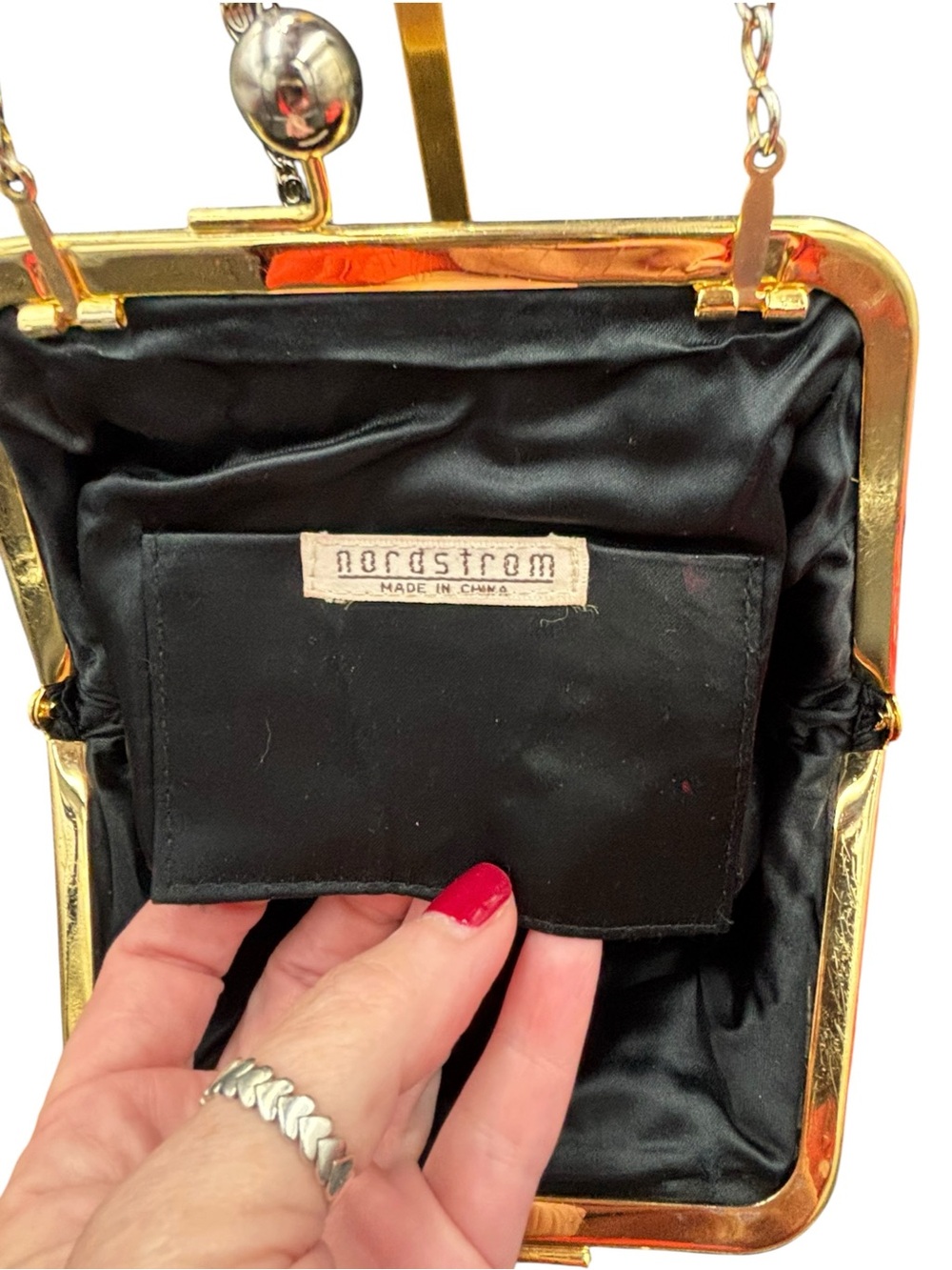 Vintage Nordstrom Black Pleated Evening Bag, Gold Tone Kiss Lock, Chain Strap - Picture 10 of 14